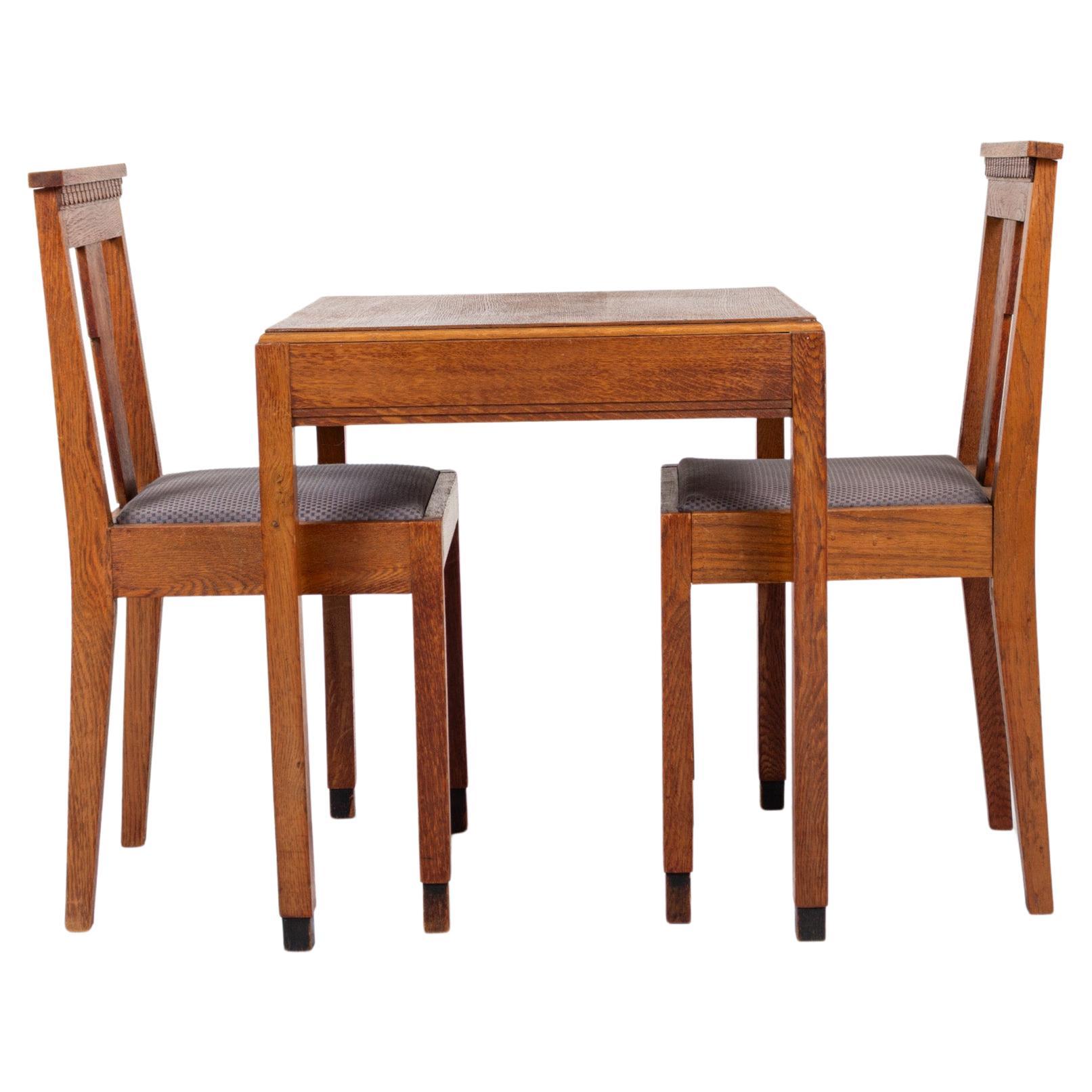 Vintage Art Deco Haagse School Oak Dining Set with Two Chairs, Netherlands
