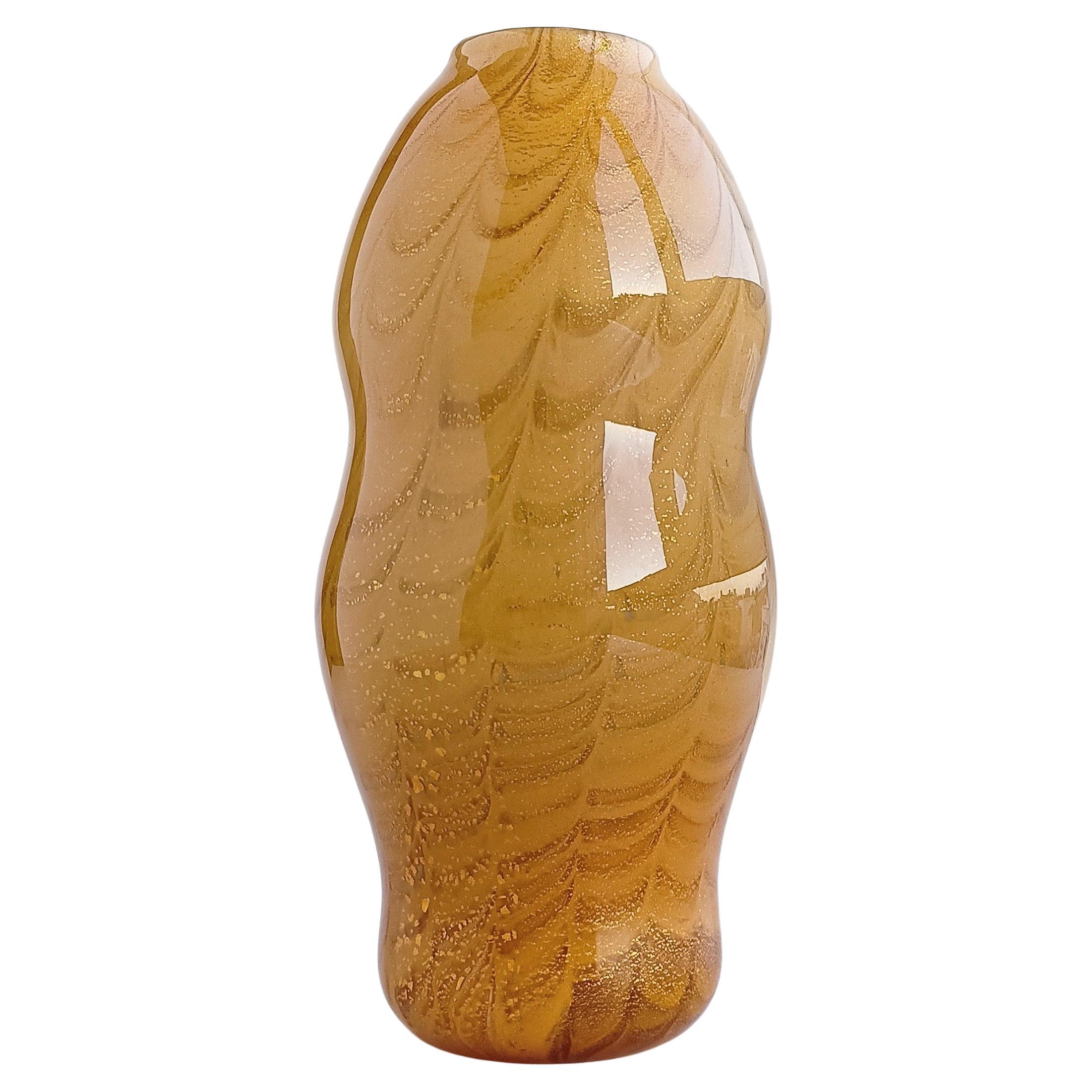 Late 20th Century Vintage Italian Art Deco Signed Murano Glass Vase With Gold Flecks For Sale