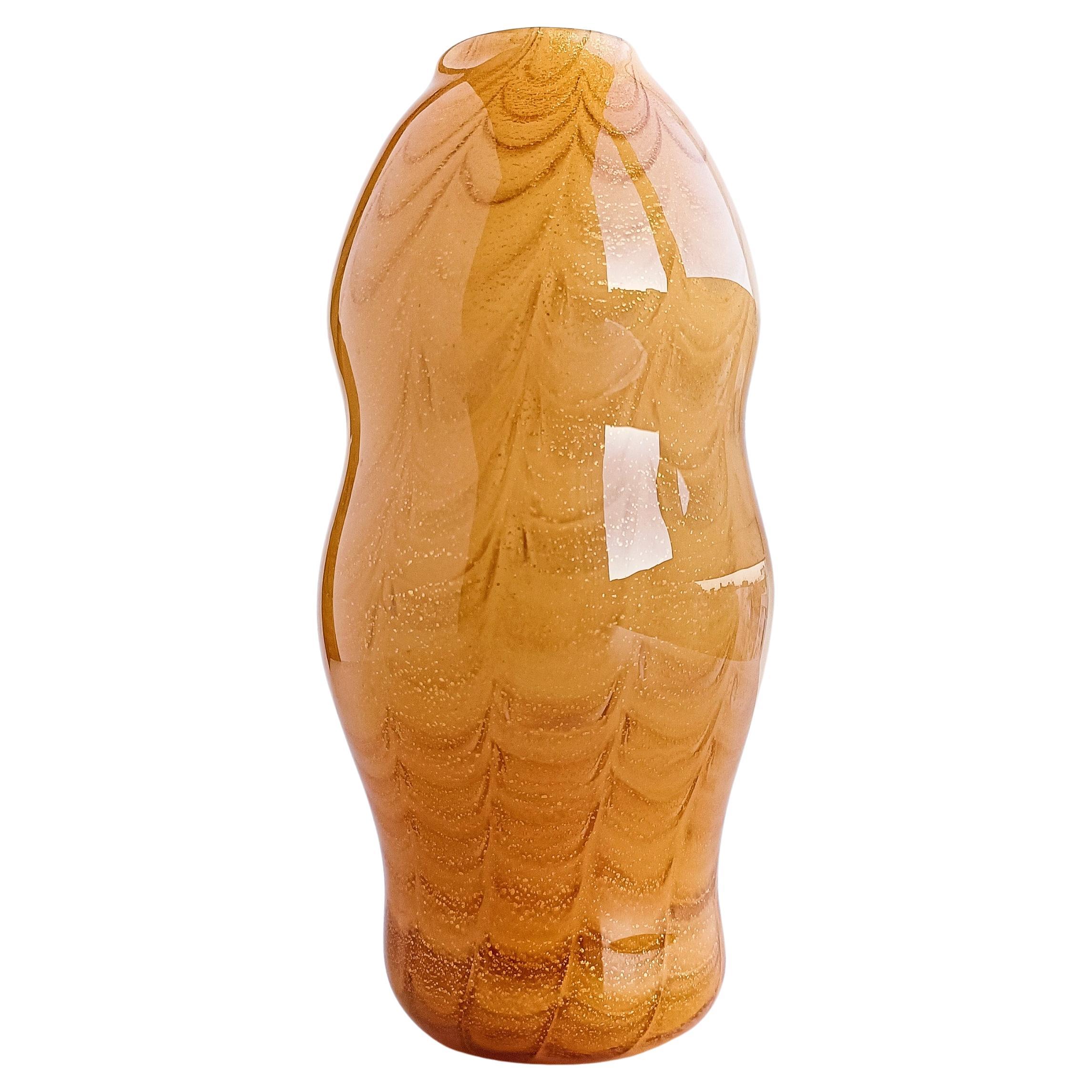 Art Glass Vintage Italian Art Deco Signed Murano Glass Vase With Gold Flecks For Sale
