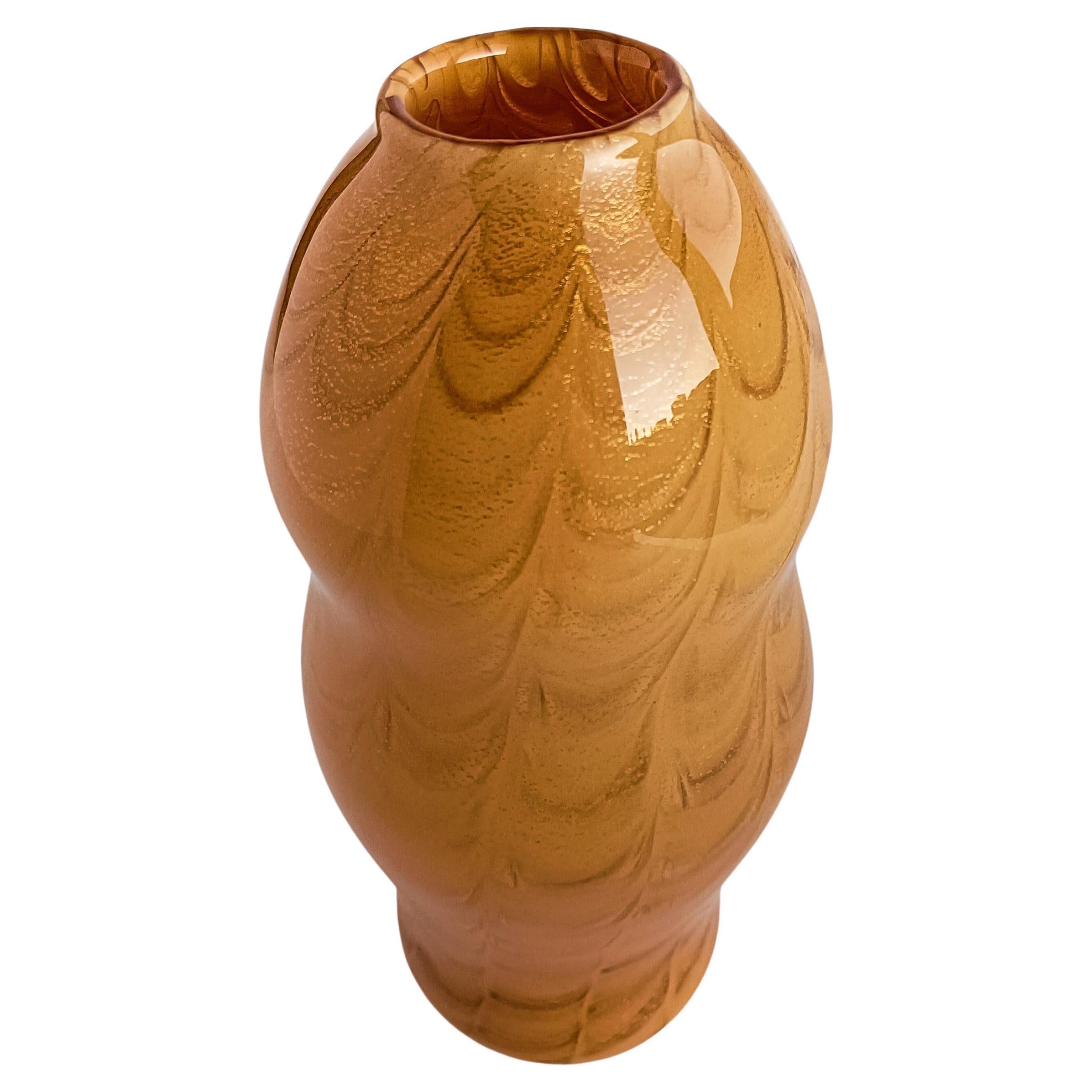 Hand-Crafted Vintage Italian Art Deco Signed Murano Glass Vase With Gold Flecks For Sale