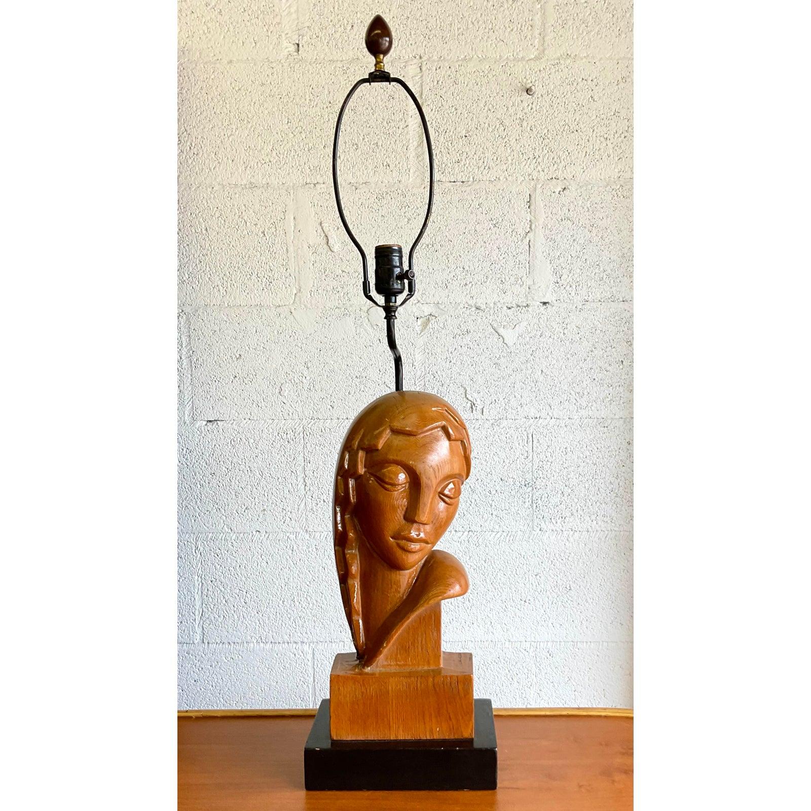 North American Vintage Art Deco Hand Carved Lady Table Lamp For Sale