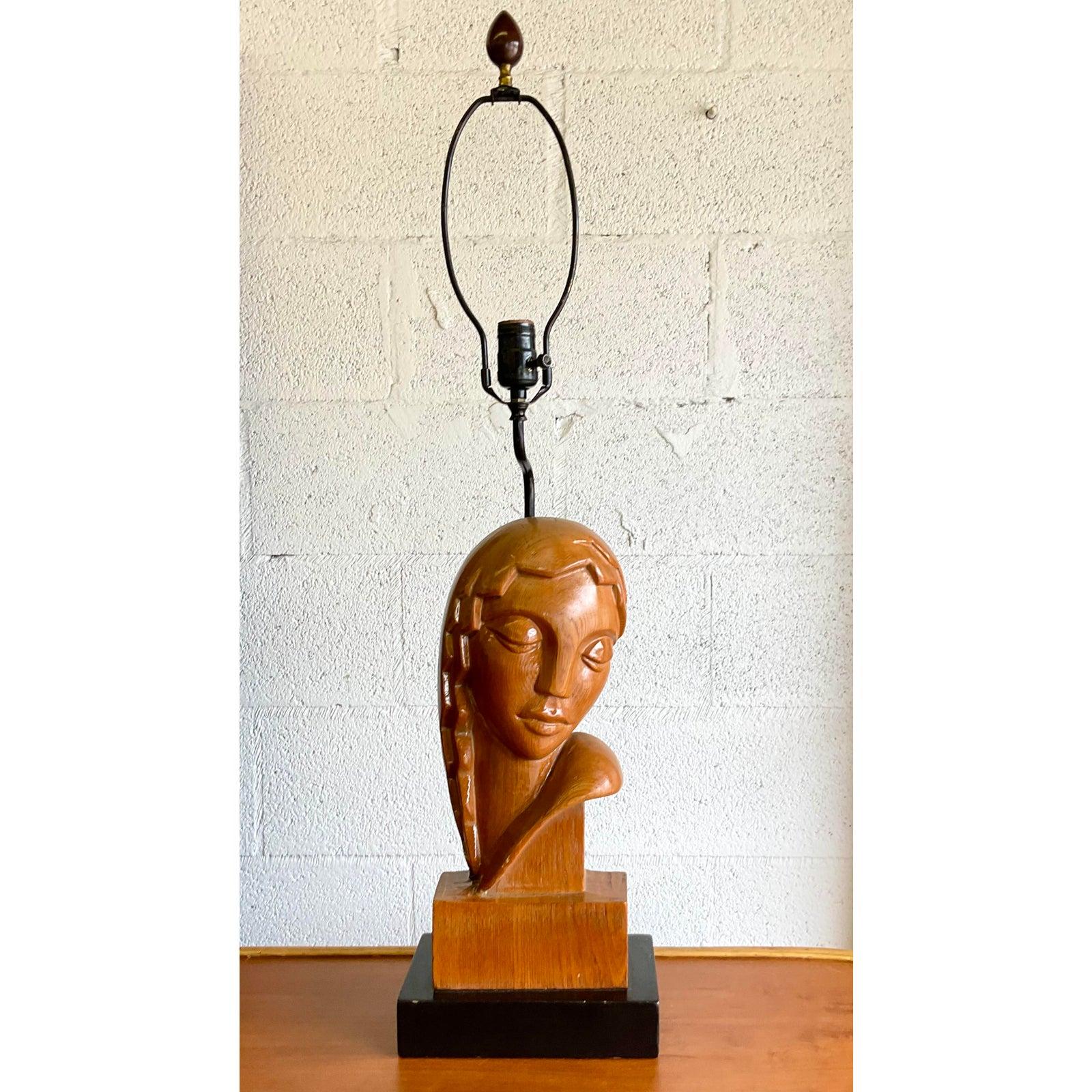 Vintage Art Deco Hand Carved Lady Table Lamp In Good Condition For Sale In west palm beach, FL