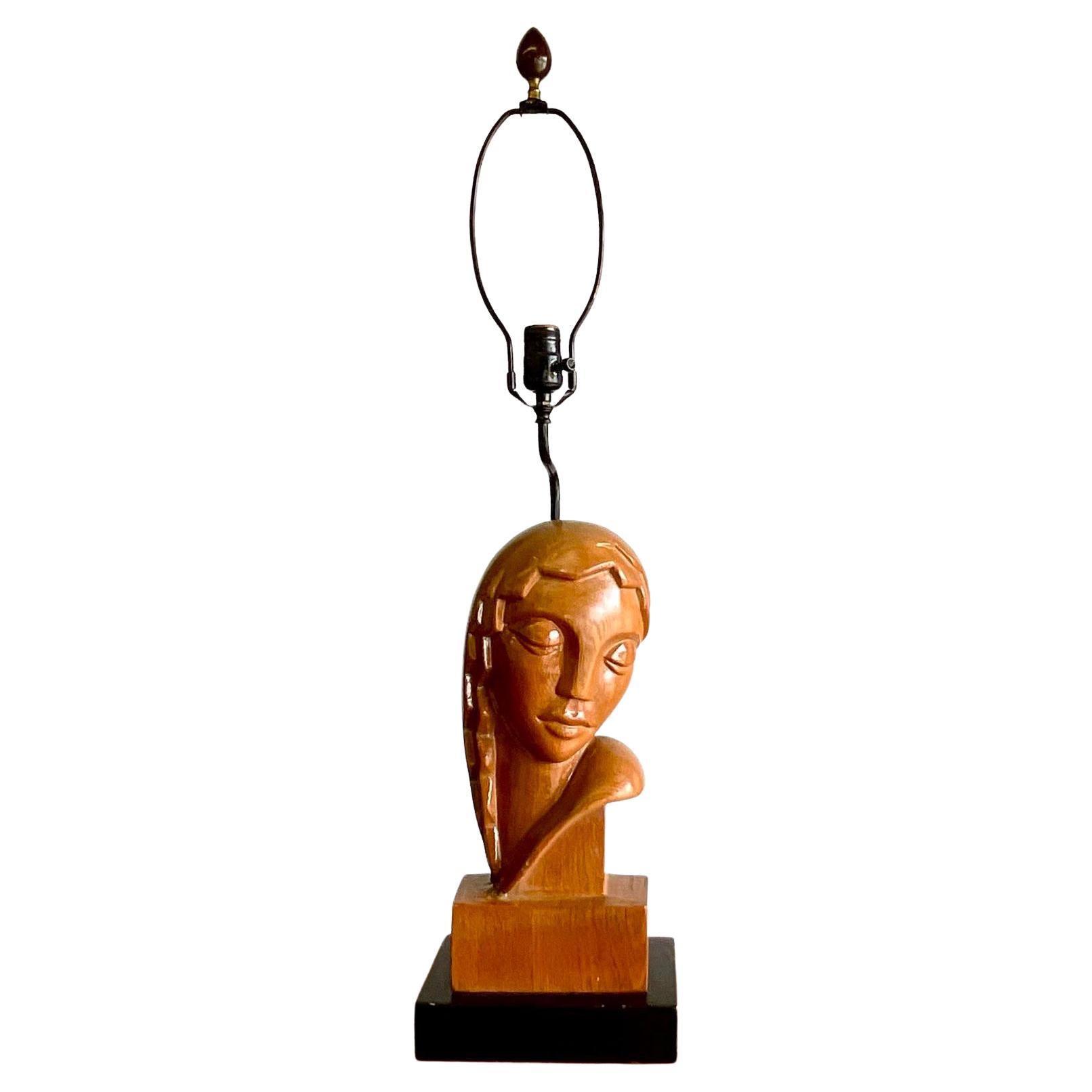 Vintage Art Deco Hand Carved Lady Table Lamp For Sale
