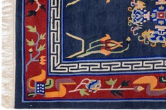 Vintage Art Deco Handmade Blue Chinese Wool Rug with Medallion Motif