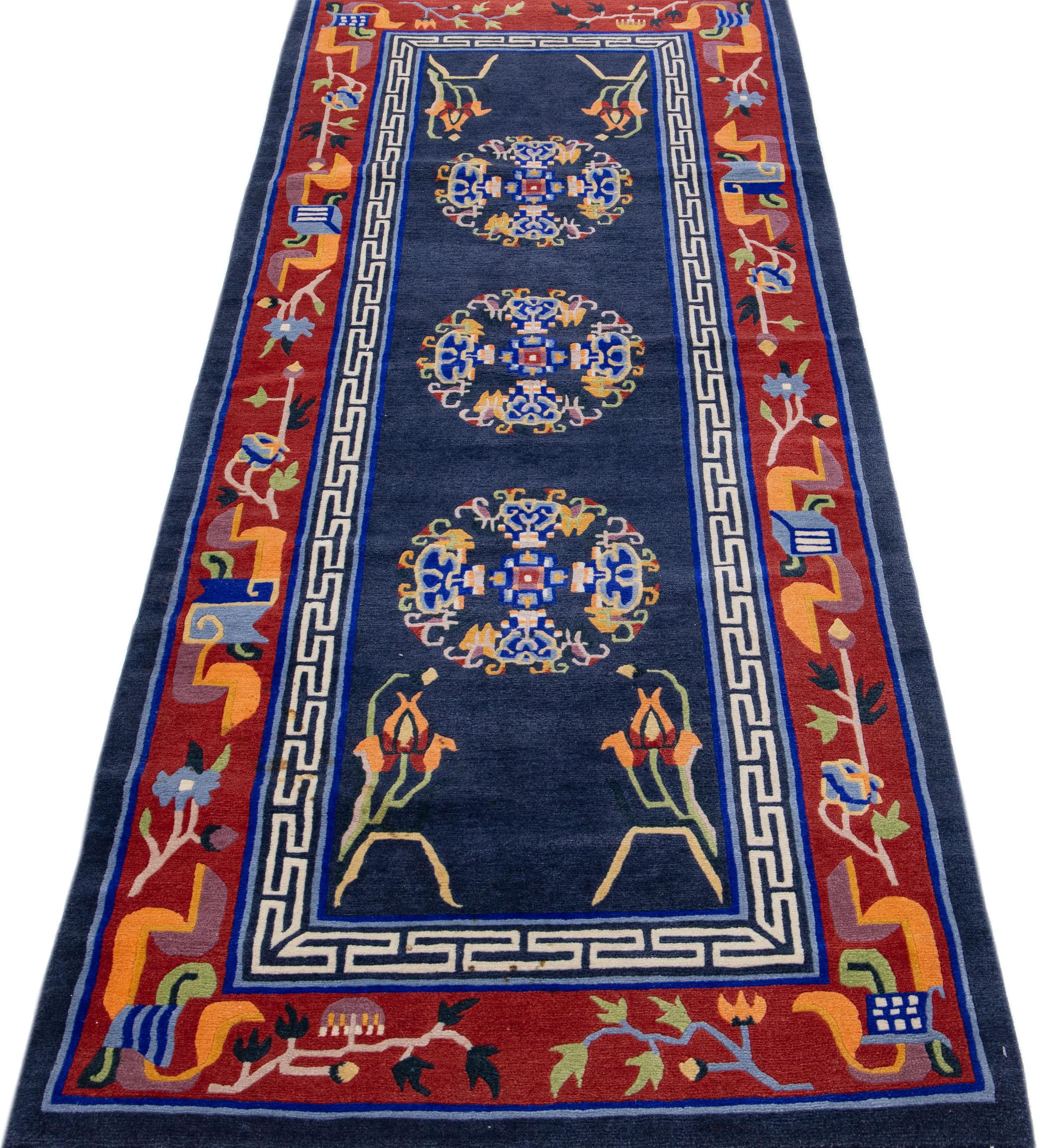 Chinese Export Vintage Art Deco Handmade Blue Chinese Wool Rug with Medallion Motif For Sale