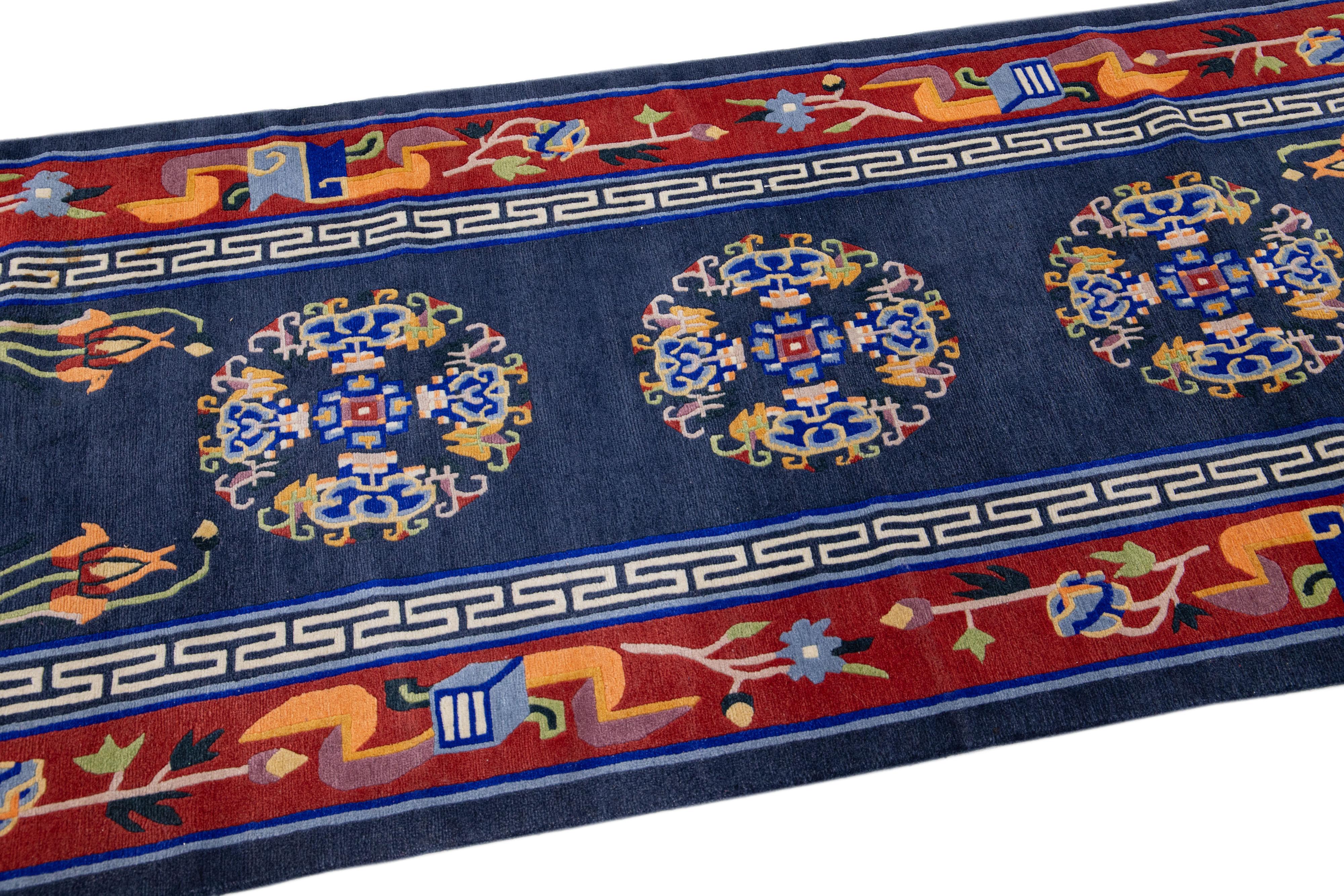 Tibetan Vintage Art Deco Handmade Blue Chinese Wool Rug with Medallion Motif For Sale