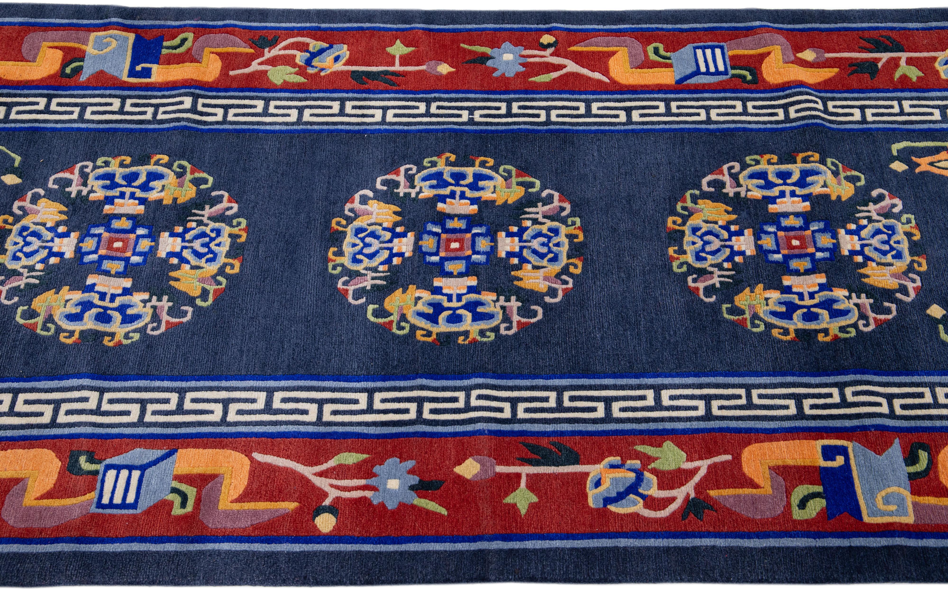 Vintage Art Deco Handmade Blue Chinese Wool Rug with Medallion Motif In Excellent Condition For Sale In Norwalk, CT