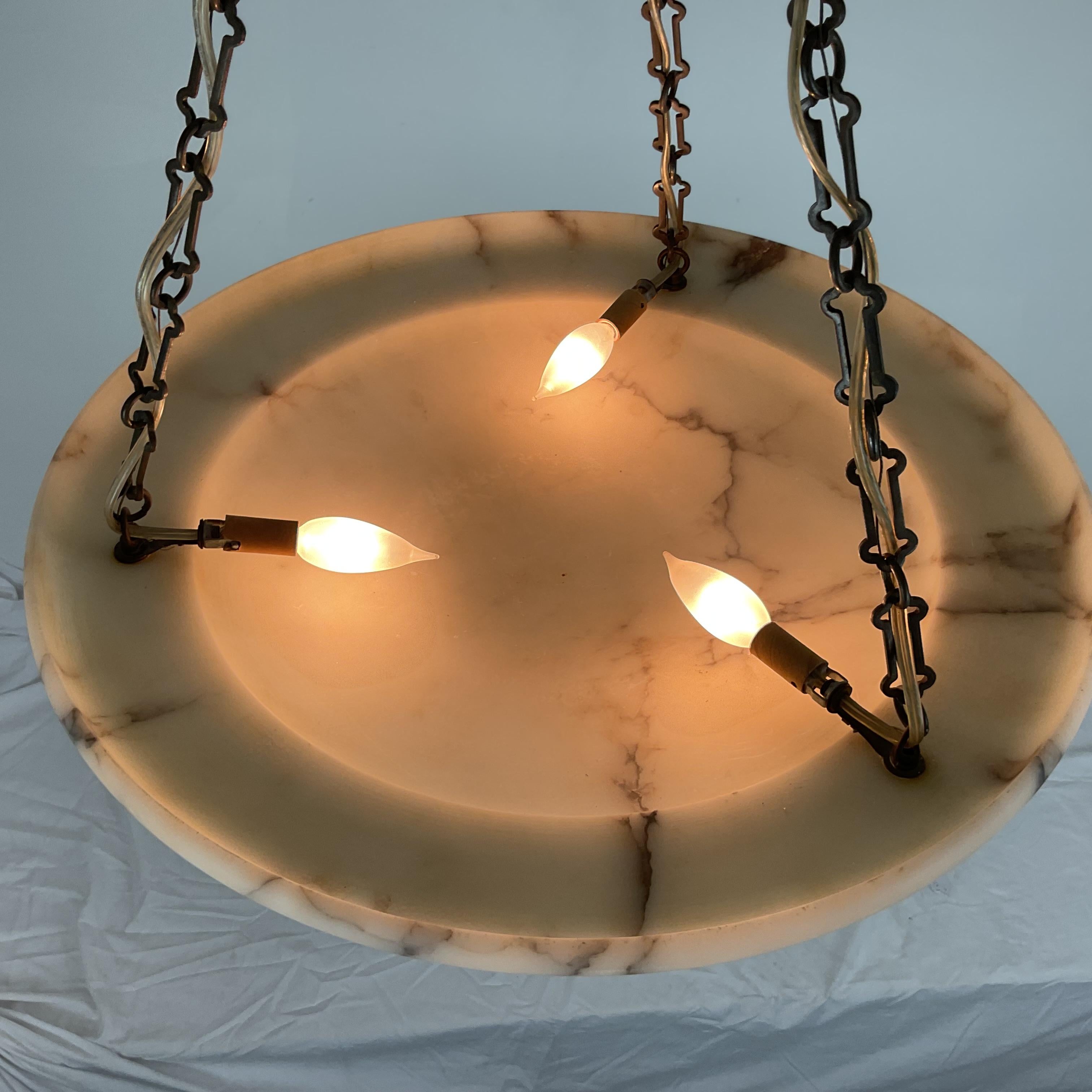 Early 20th Century Vintage Art Deco Heavily Veined Alabaster Chandelier For Sale