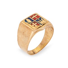 Vintage Art Deco Heraldic Ring 14k Rose Gold Enamel Band Family Crest Signet