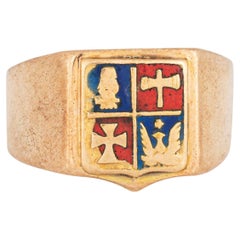 Vintage Art Deco Heraldic Ring 14k Rose Gold Enamel Band Family Crest Signet