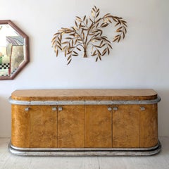 Vintage Art Deco Hollywood Regency burr walnut & silver gilt sideboard 1960s