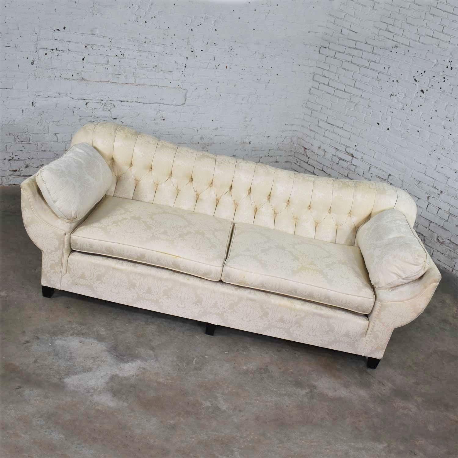 Vintage Art Deco Hollywood Regency Sofa Tufted Back and Concave Pillowed Arms For Sale 6