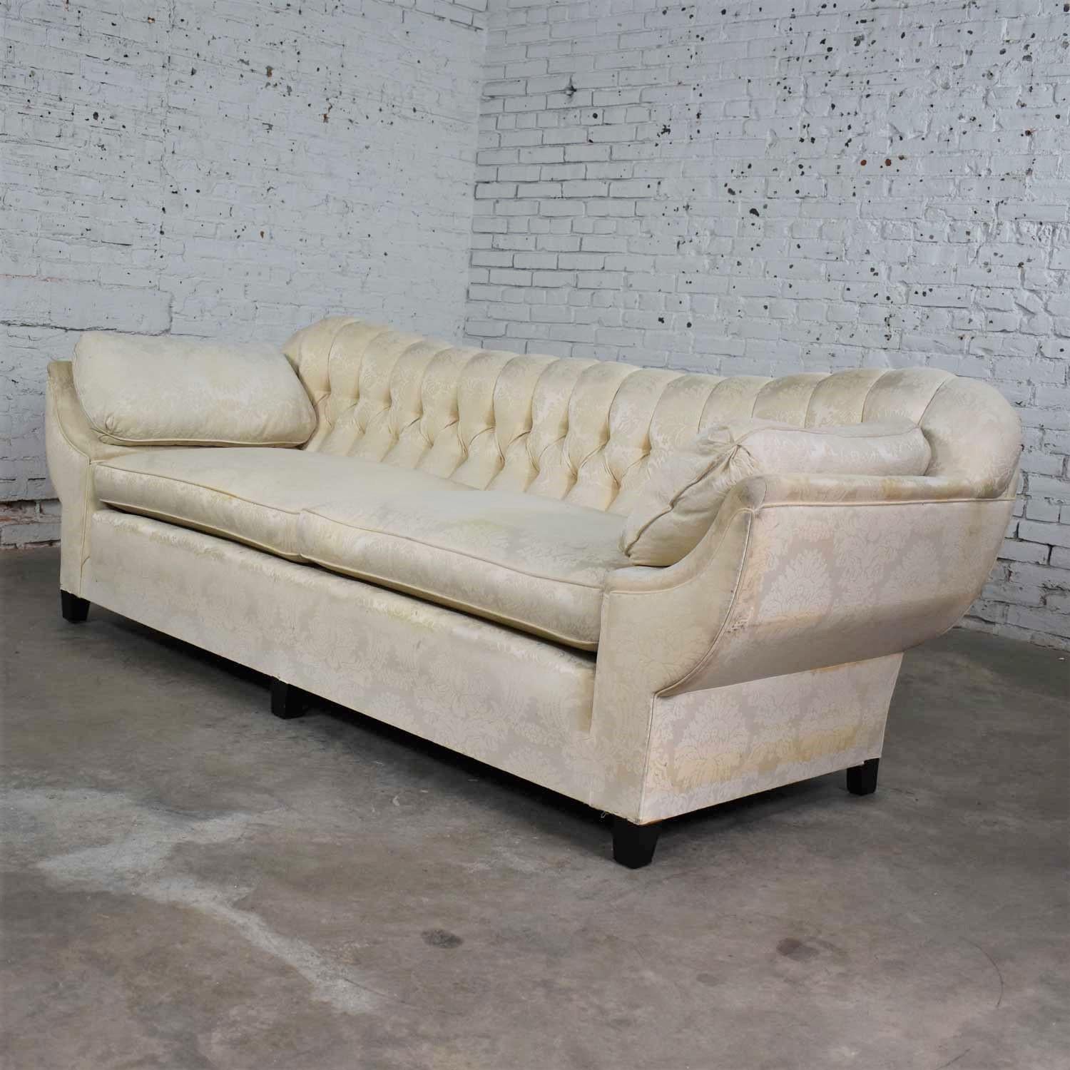 Vintage Art Deco Hollywood Regency Sofa Tufted Back and Concave Pillowed Arms For Sale 7