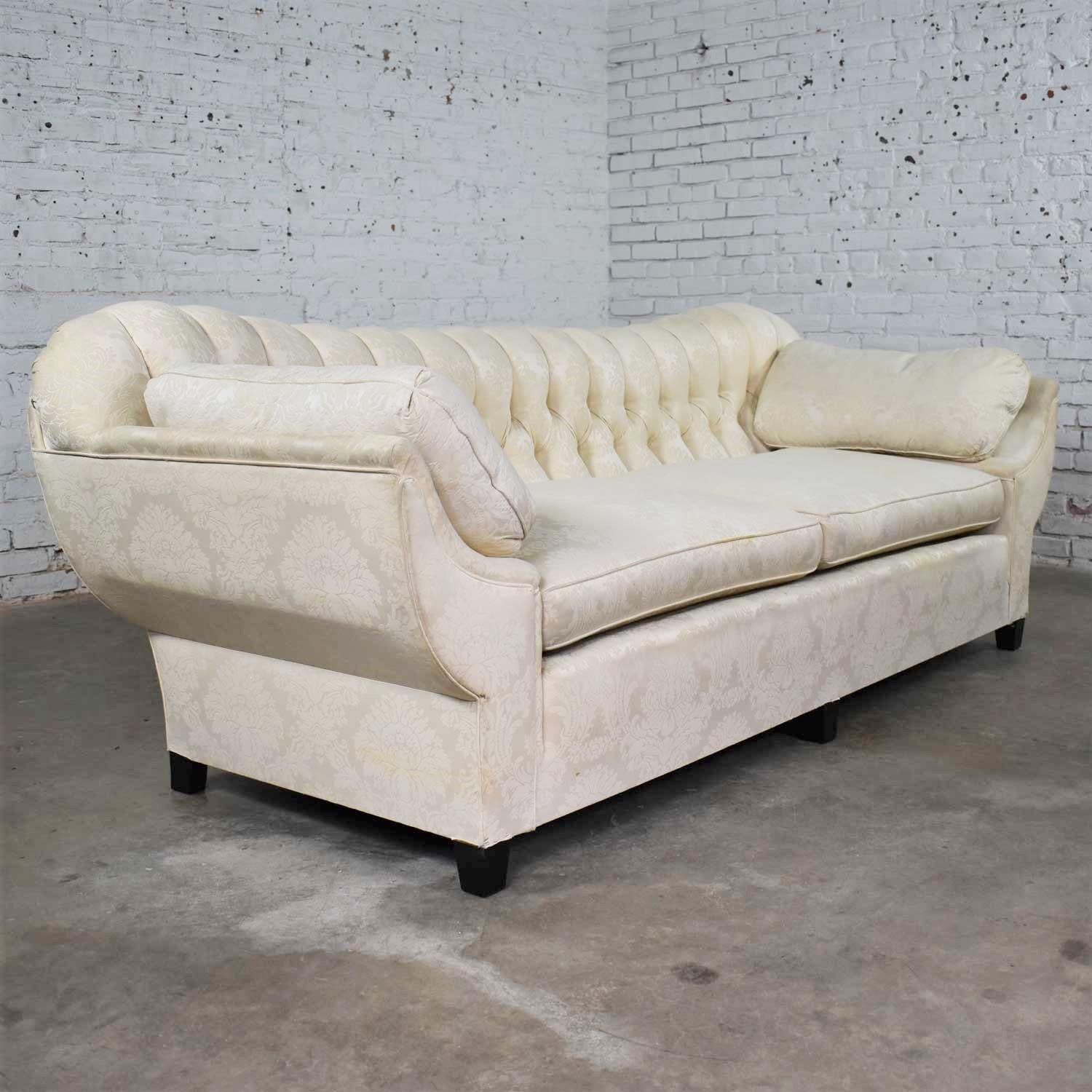 Vintage Art Deco Hollywood Regency Sofa Tufted Back and Concave Pillowed Arms For Sale 8