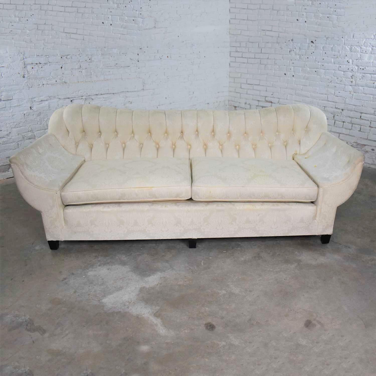 Vintage Art Deco Hollywood Regency Sofa Tufted Back and Concave Pillowed Arms For Sale 9