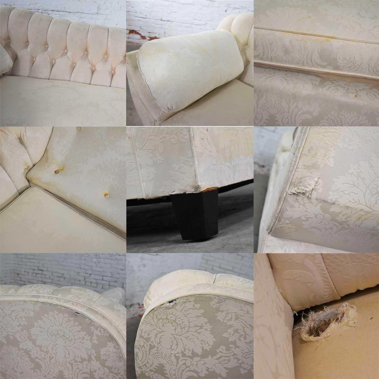 Vintage Art Deco Hollywood Regency Sofa Tufted Back and Concave Pillowed Arms For Sale 11
