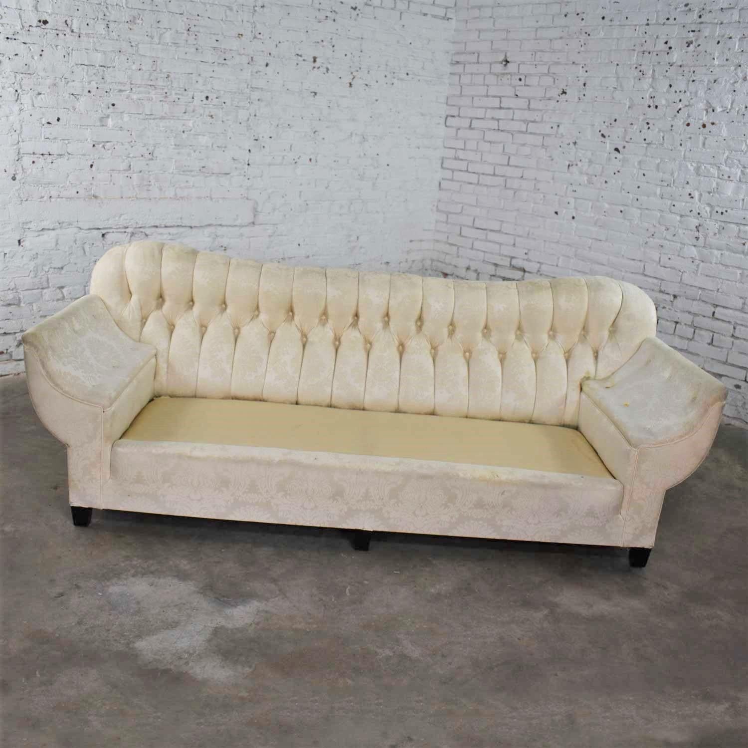 Vintage Art Deco Hollywood Regency Sofa Tufted Back and Concave Pillowed Arms For Sale 12