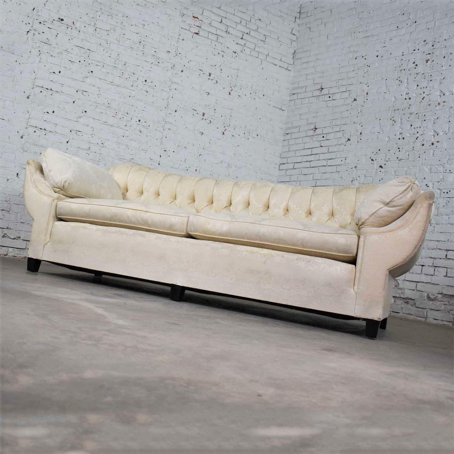 Vintage Art Deco Hollywood Regency Sofa Tufted Back and Concave Pillowed Arms In Fair Condition For Sale In Topeka, KS
