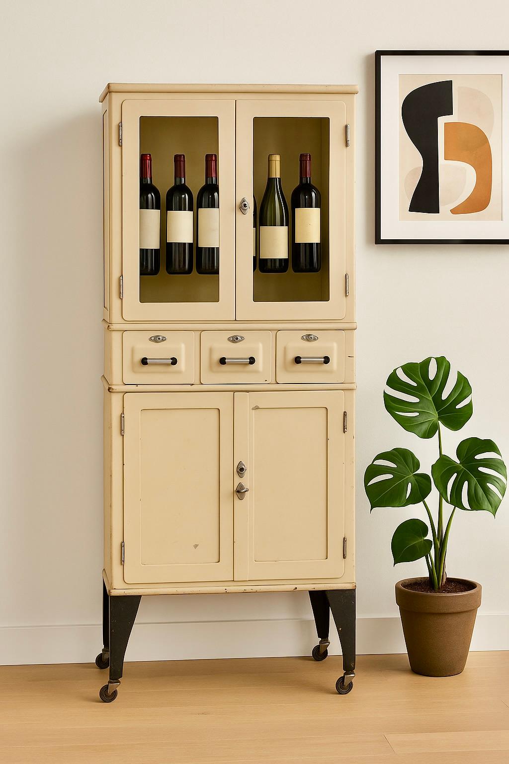 Armario médico Art Decó de metal con diseño industrial clásico, c. 1930. Esta pieza sustancial conserva su acabado esmaltado en crema original y ofrece mucho espacio de almacenamiento en el armario superior, tres cajones y la zona inferior con