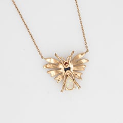 Vintage Art Deco Insect Necklace Opal Sapphire Seed Pearl Ruby 14k Gold 18.5"