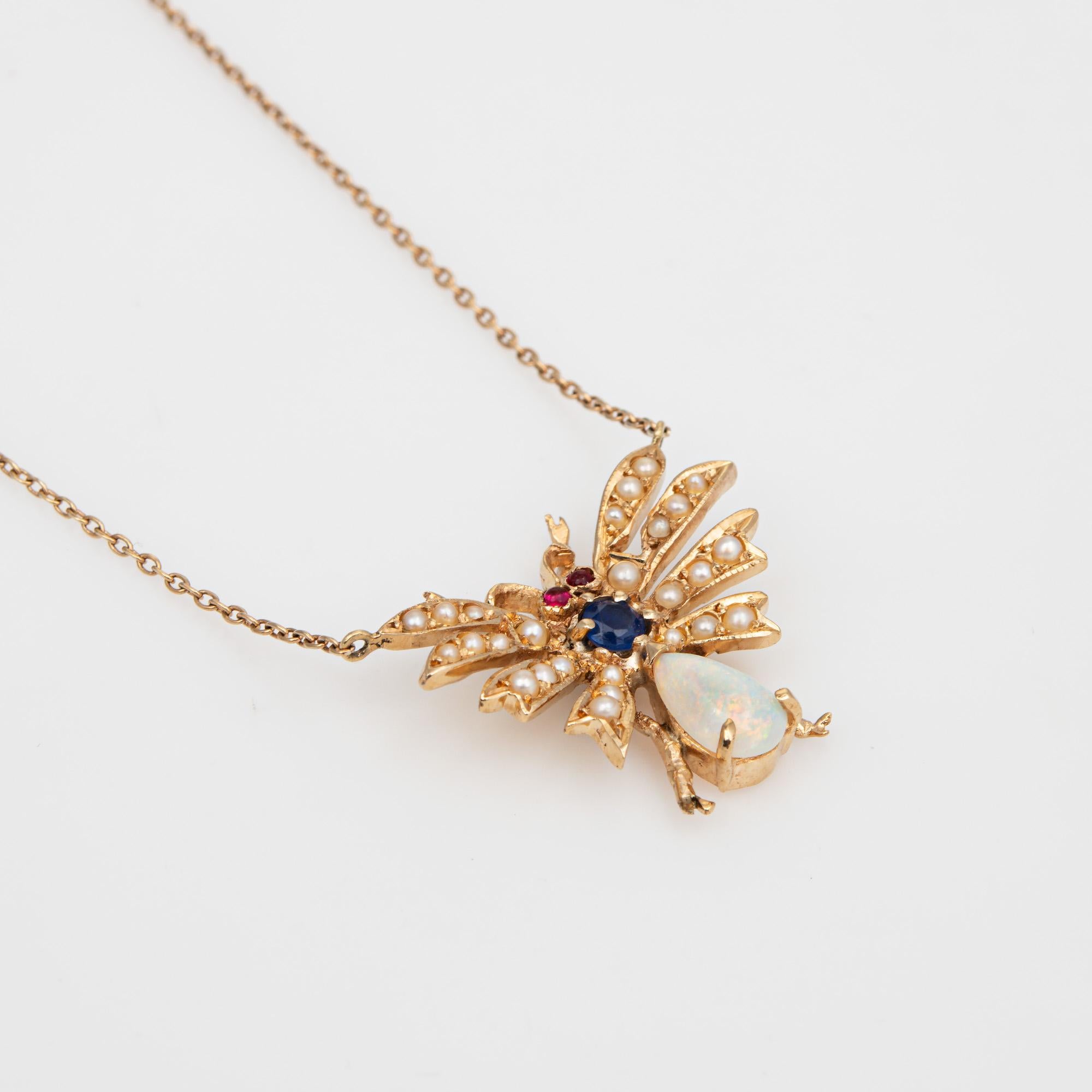 Pear Cut Vintage Art Deco Insect Necklace Opal Sapphire Seed Pearl Ruby 14k Gold 18.5