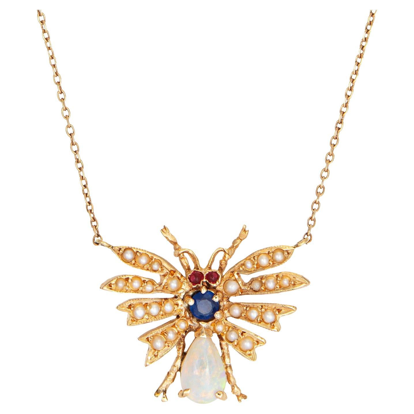 Vintage Art Deco Insect Necklace Opal Sapphire Seed Pearl Ruby 14k Gold 18.5" For Sale
