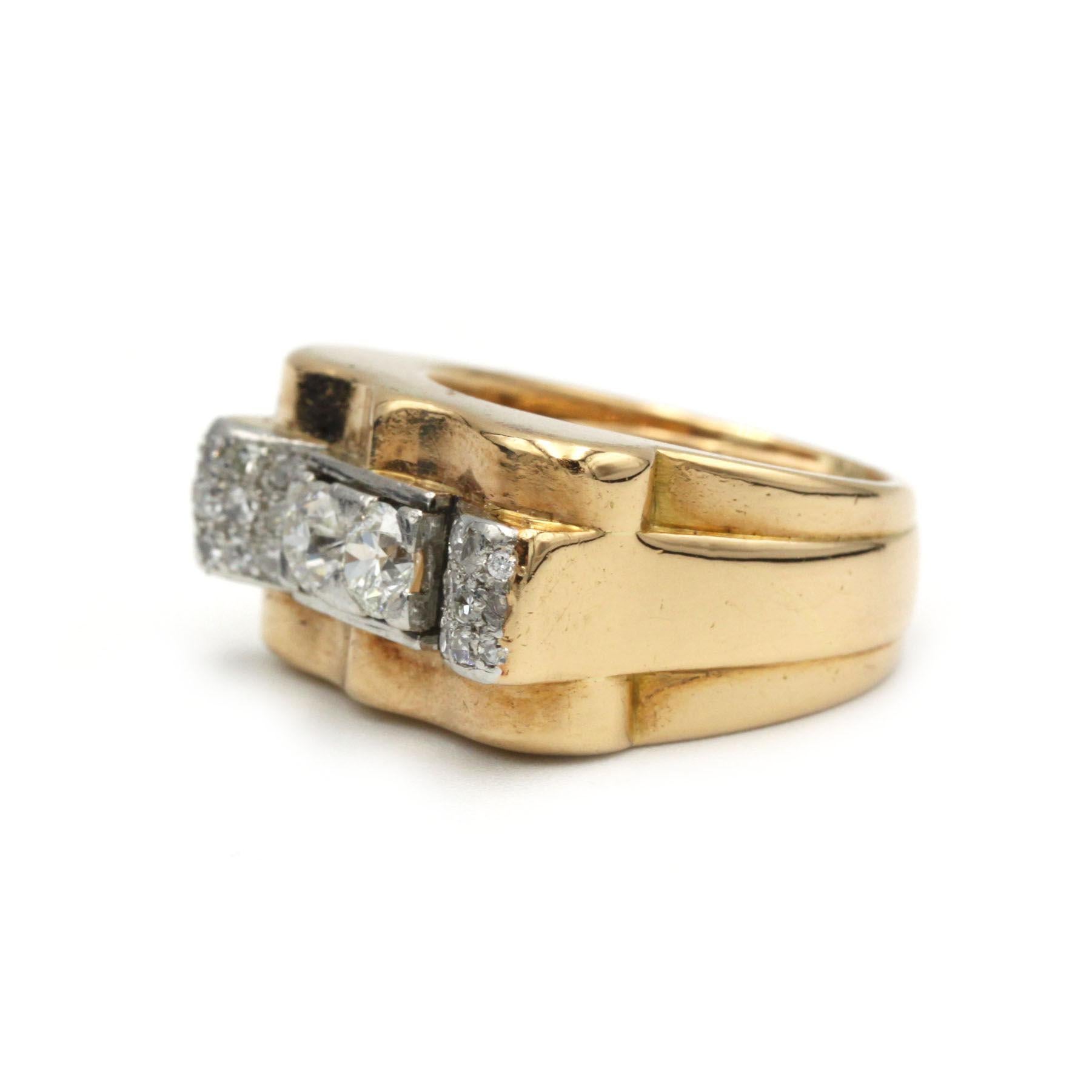 Elevate your collection with this striking “Tank” ring, expertly crafted in solid 18K yellow gold (750‰) and accented with luminous platinum 950‰. The bold, architectural design features a central rectangular platform encrusted with 26 brilliant-cut