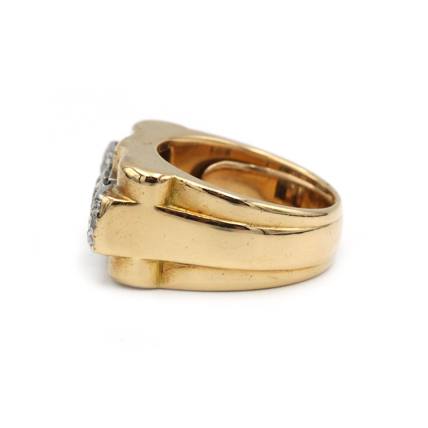 Old European Cut Vintage Art Deco–Inspired 18K Yellow Gold & Platinum 950 Diamond “Tank” Ring For Sale