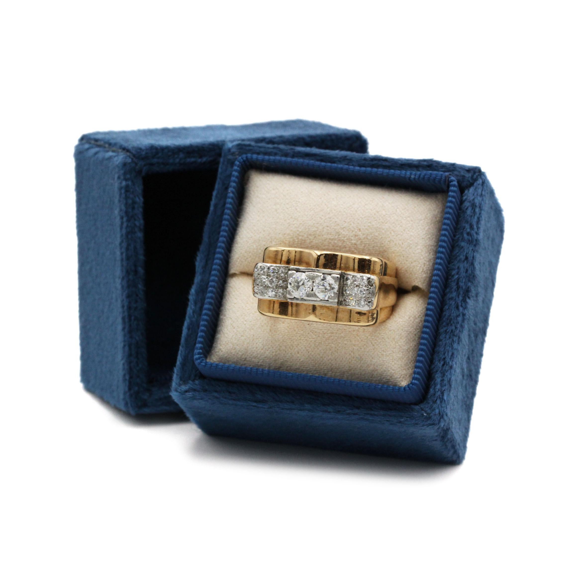 Vintage Art Deco–Inspired 18K Yellow Gold & Platinum 950 Diamond “Tank” Ring For Sale 1