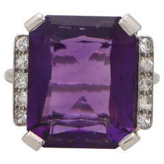 Retro Art Deco Inspired Amethyst and Diamond Cocktail Ring in Platinum