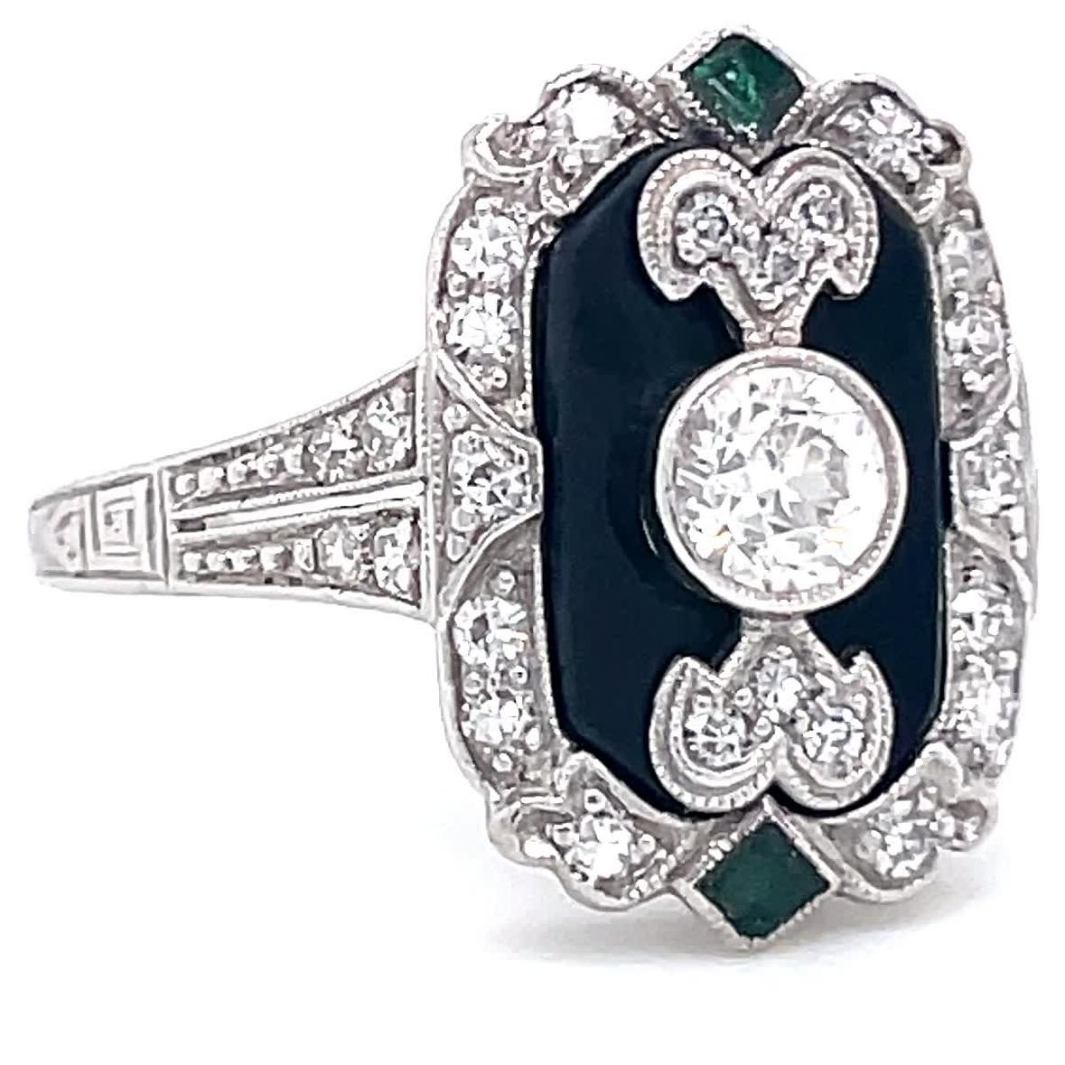 Old European Cut Vintage Art Deco Inspired Diamond Onyx Emerald Platinum Ring