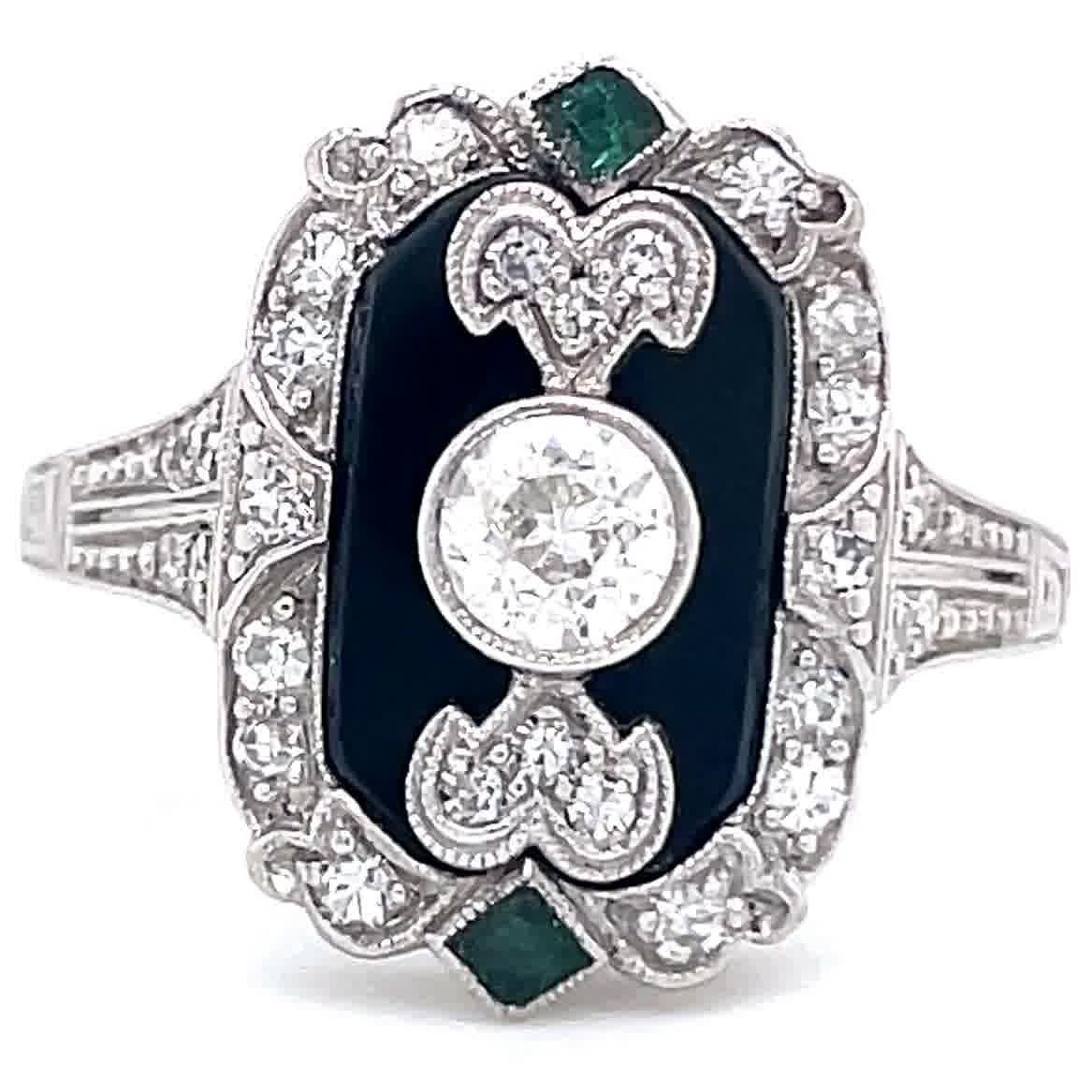 Vintage Art Deco Inspired Diamond Onyx Emerald Platinum Ring In Excellent Condition In Beverly Hills, CA