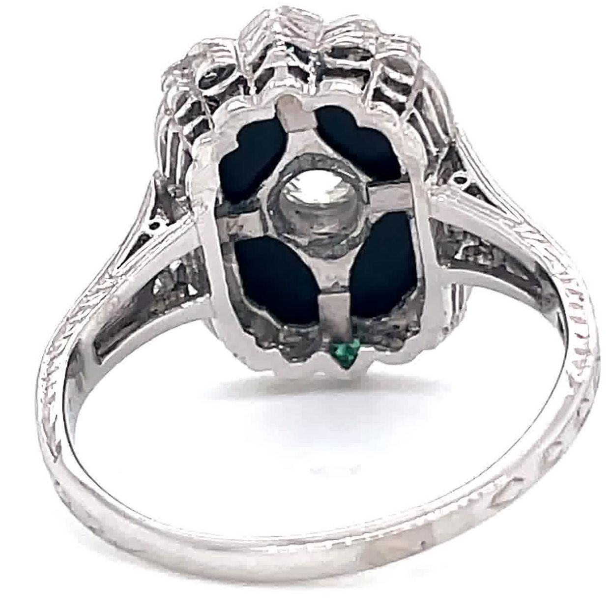 Women's Vintage Art Deco Inspired Diamond Onyx Emerald Platinum Ring