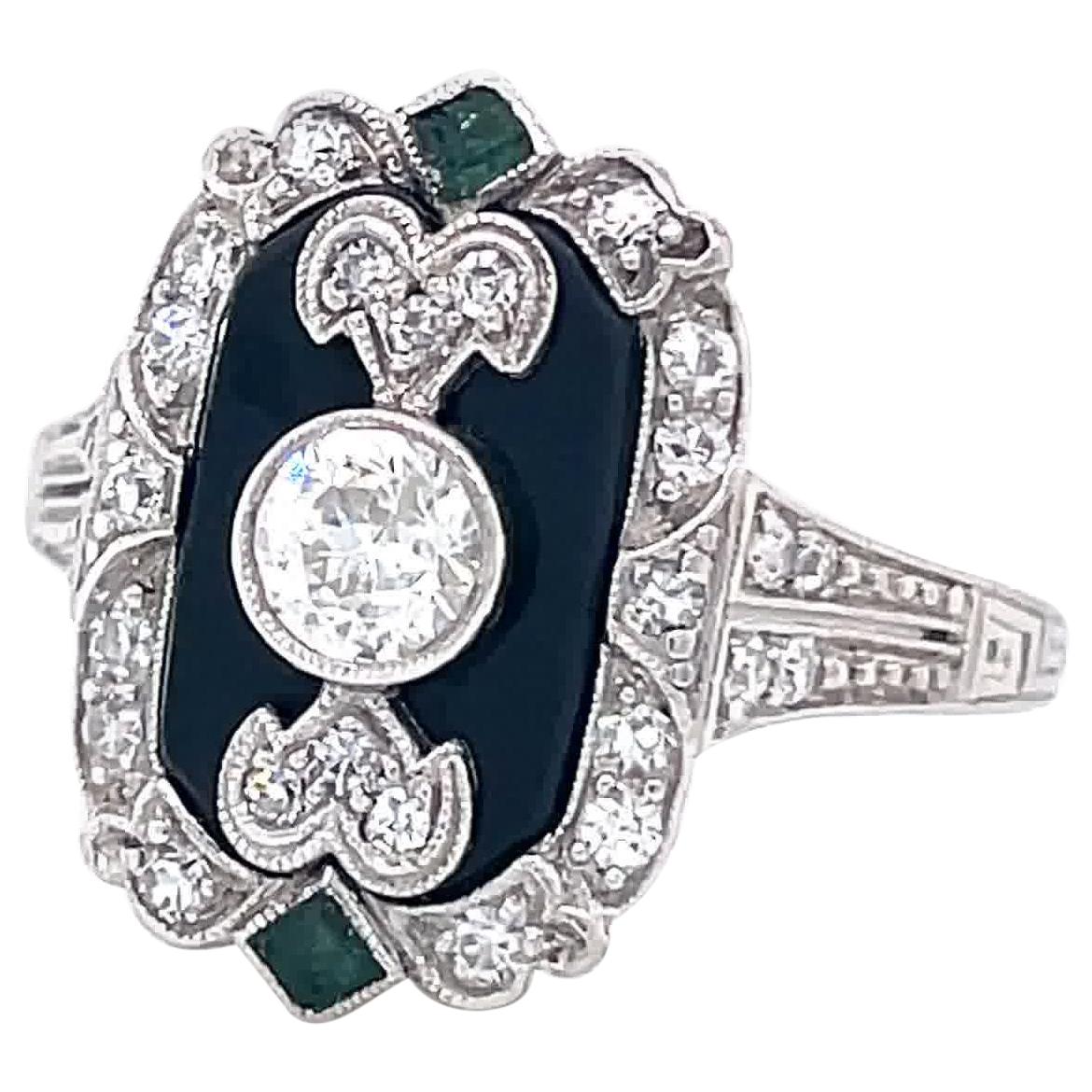 Vintage Art Deco Inspired Diamond Onyx Emerald Platinum Ring