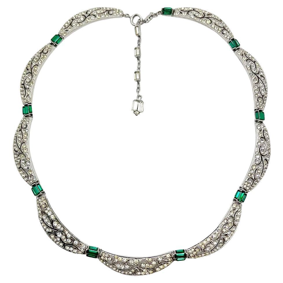 Vintage Art Deco Inspired Emerald Crystal Necklace 1940s For Sale
