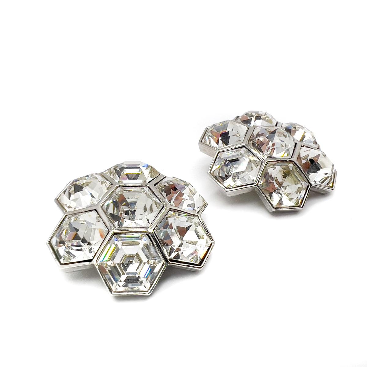 A pair of Vintage Hexagonal Crystal Floral Earrings. Captivating sparkle and style abound in these statement clips. Utterly timeless, their Art Deco vibe will prove a timeless style hero. 

An unsigned beauty. A rare treasure. Just because a jewel