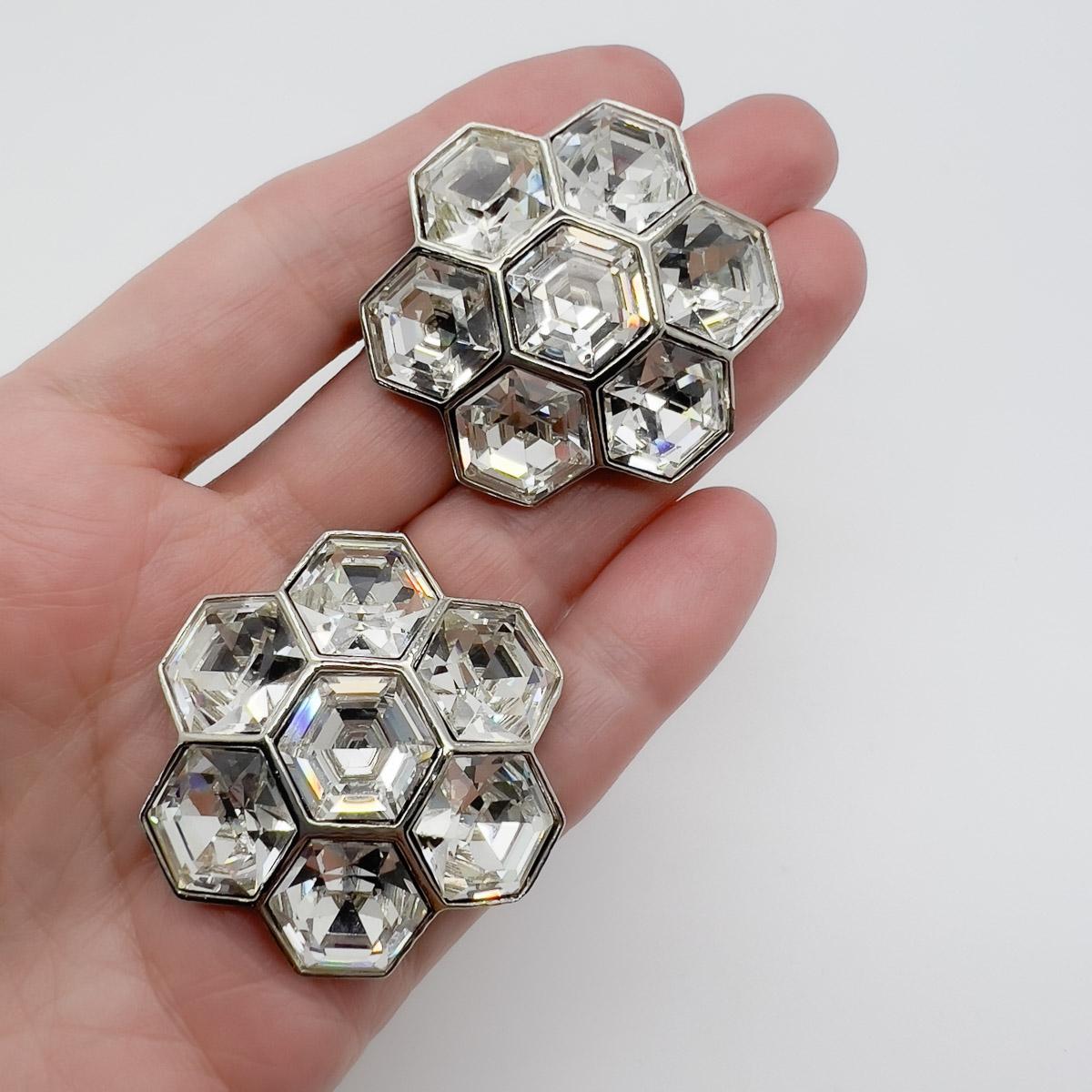 Women's Vintage Art Deco Inspired Hexagonal Crystal Floral Earrings 1980s For Sale