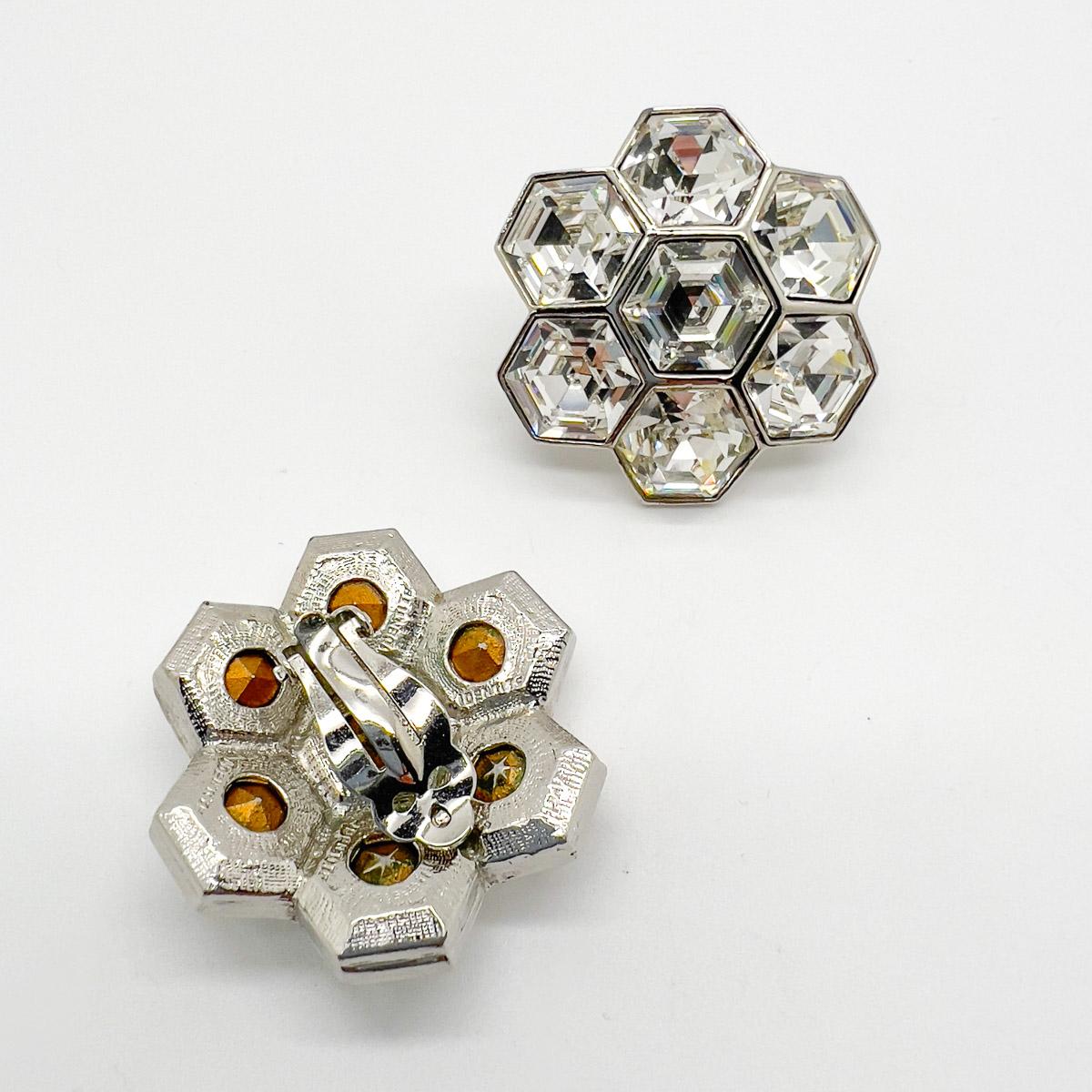 Vintage Art Deco Inspired Hexagonal Crystal Floral Earrings 1980s For Sale 1