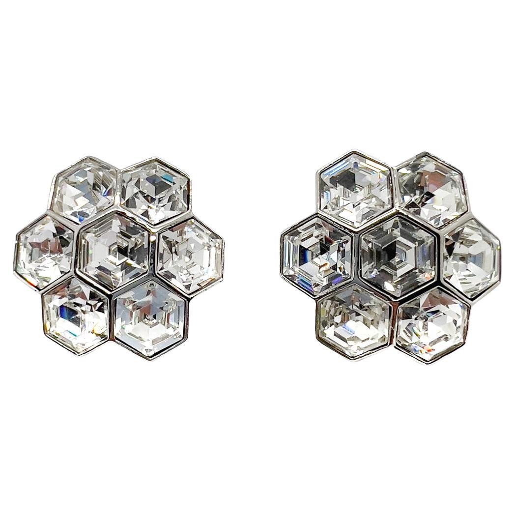 Vintage Art Deco Inspired Hexagonal Crystal Floral Earrings 1980s For Sale