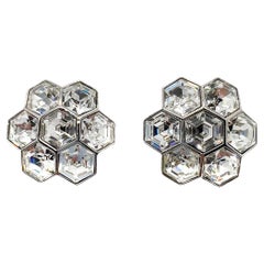 Retro Art Deco Inspired Hexagonal Crystal Floral Earrings 1980s