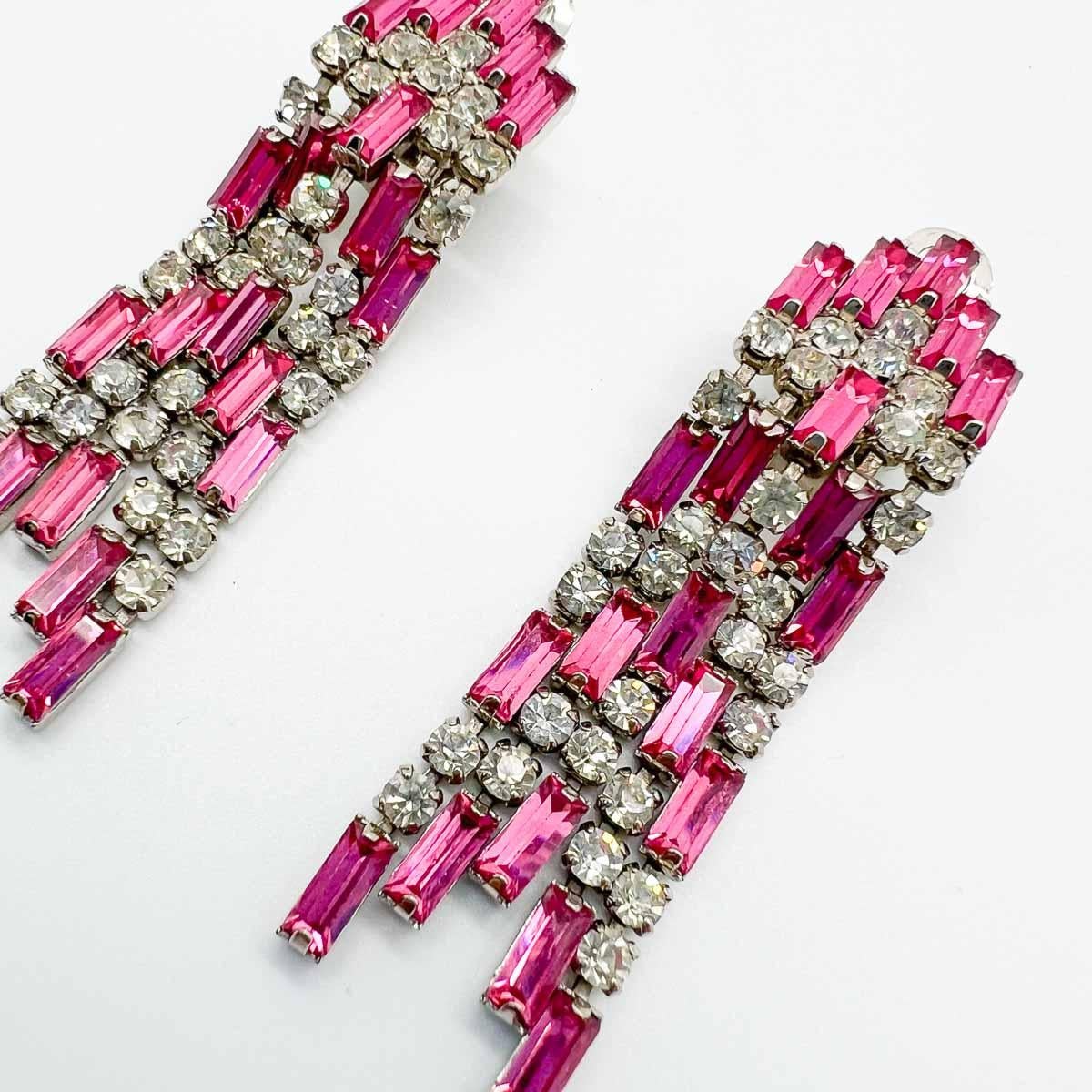 Vintage Art Deco Inspired Pink Baguette Drop Earrings 1950s In Good Condition For Sale In Wilmslow, GB