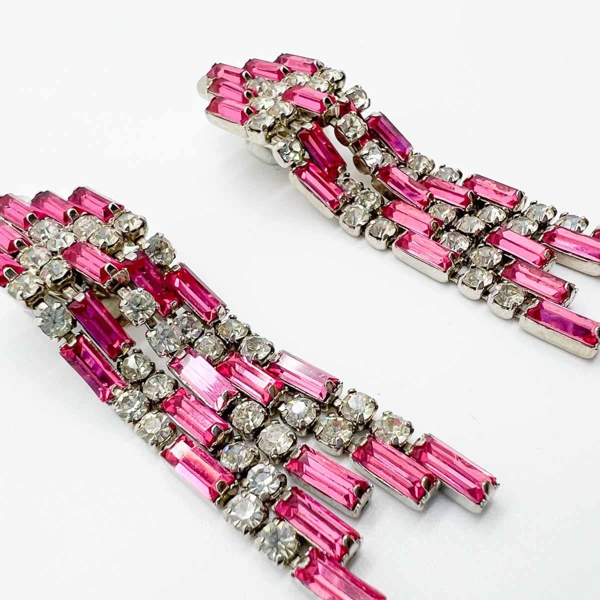 Women's or Men's Vintage Art Deco Inspired Pink Baguette Drop Earrings 1950s For Sale