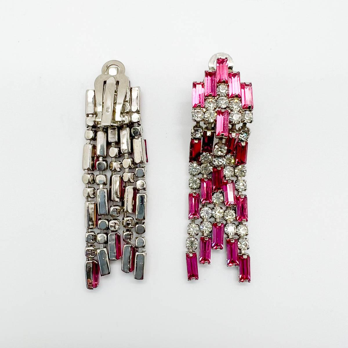 Vintage Art Deco Inspired Pink Baguette Drop Earrings 1950s For Sale 1