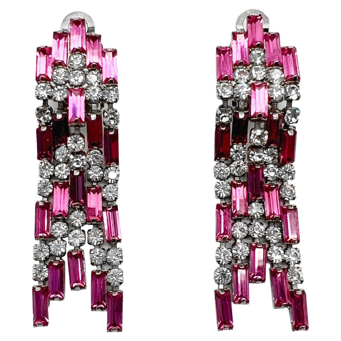 Vintage Art Deco Inspired Pink Baguette Drop Earrings 1950s For Sale