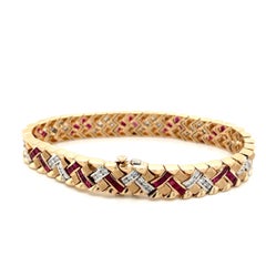 Vintage Art Deco Inspired Ruby and Diamond Matte Gold Finish Bracelet in 14k