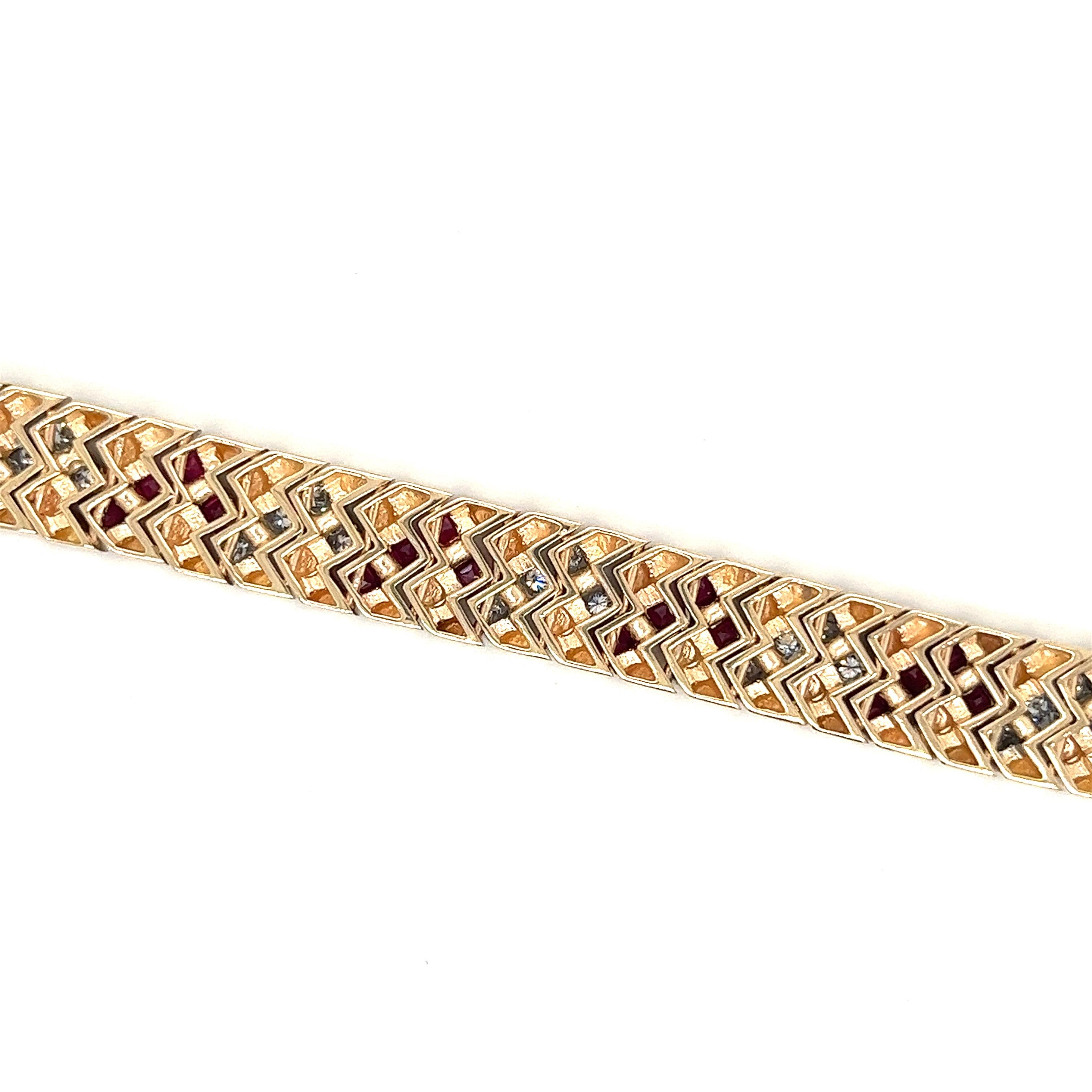 Princess Cut Vintage Art Deco Inspired Ruby and Diamond Matte Gold Finish Bracelet in 14k For Sale