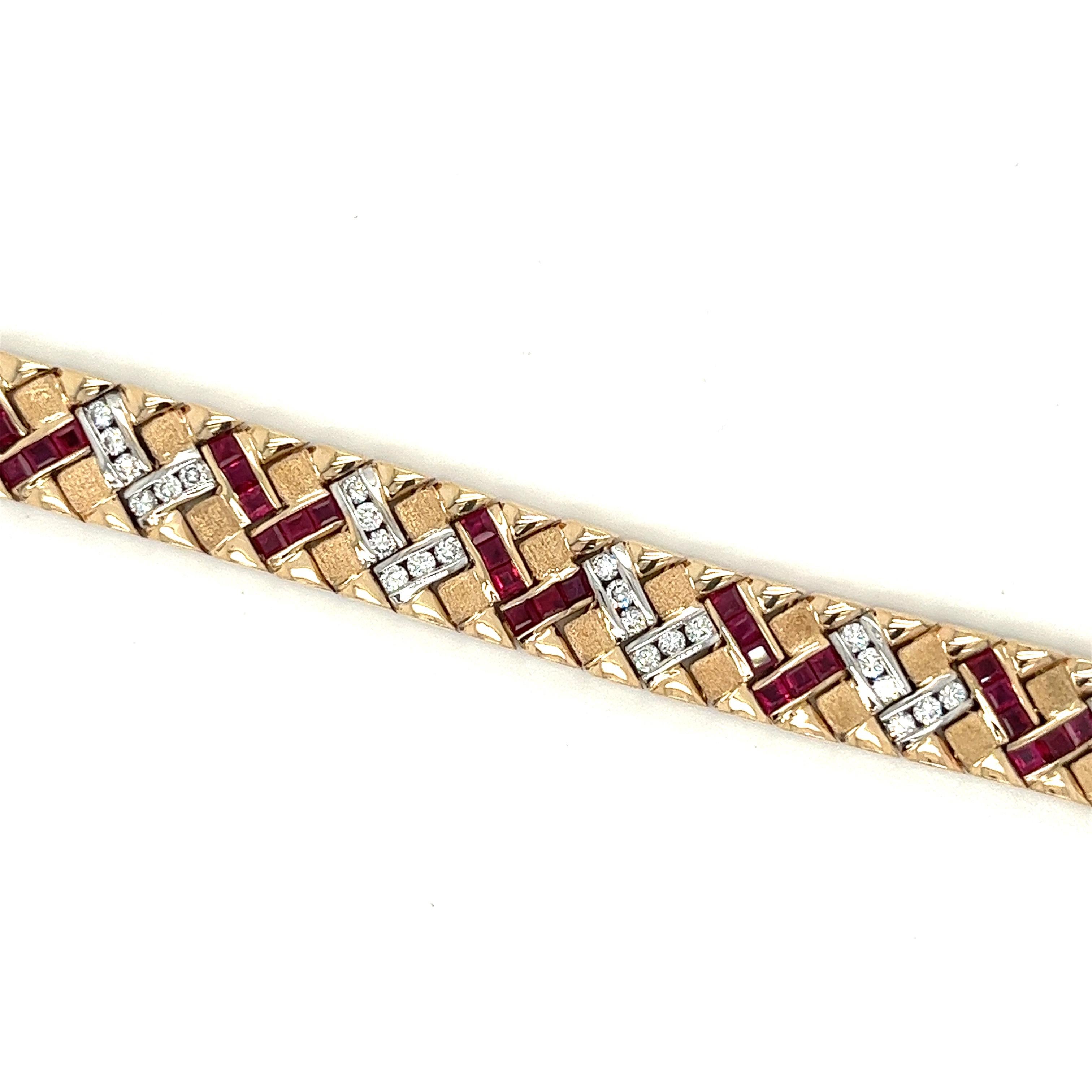 Vintage Art Deco Inspired Ruby and Diamond Matte Gold Finish Bracelet in 14k In Excellent Condition For Sale In Miami, FL