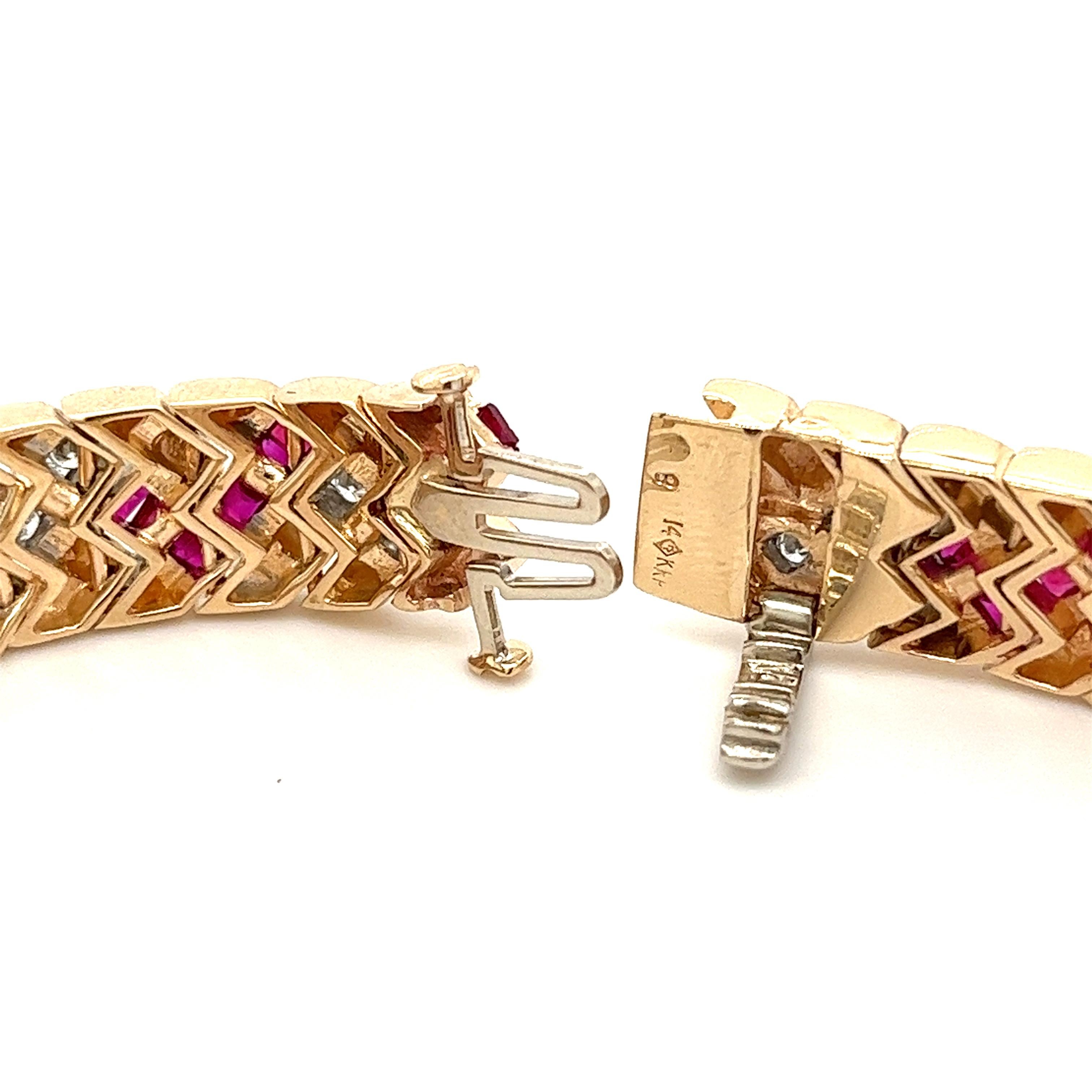 Women's Vintage Art Deco Inspired Ruby and Diamond Matte Gold Finish Bracelet in 14k For Sale