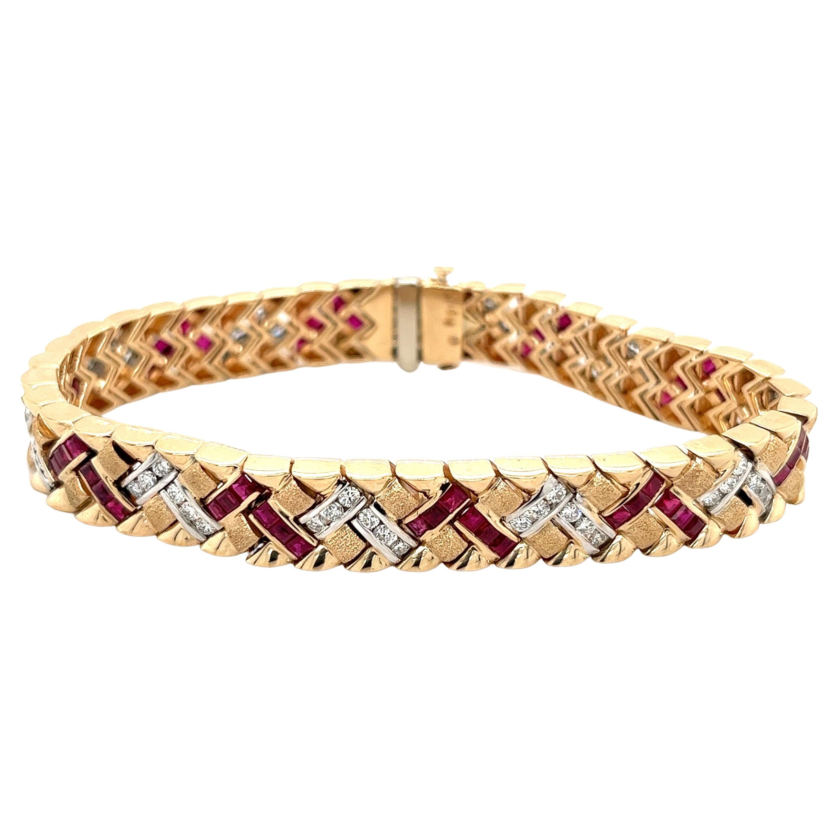 Vintage Art Deco Inspired Ruby and Diamond Matte Gold Finish Bracelet in 14k For Sale