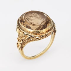 Bague vintage Art déco en or jaune 14 carats avec buste de quartz fumé et bijoux ovales
